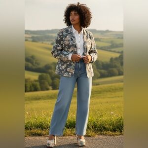 Vintage 80s floral denim 100% cotton boxy blazer Womens 16.5